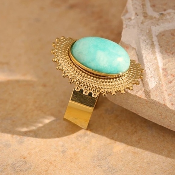 RETRO Large Aqua Natural Stone Gold Plated Statement Ring - Picture 6 of 12